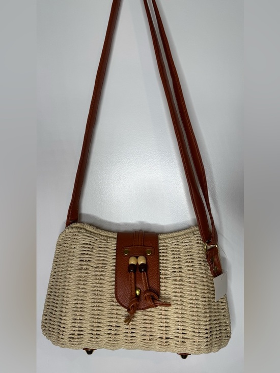 Handbags - Woven wicker Crossbody Bag with Brown Trim magnetic closure adjustable summer